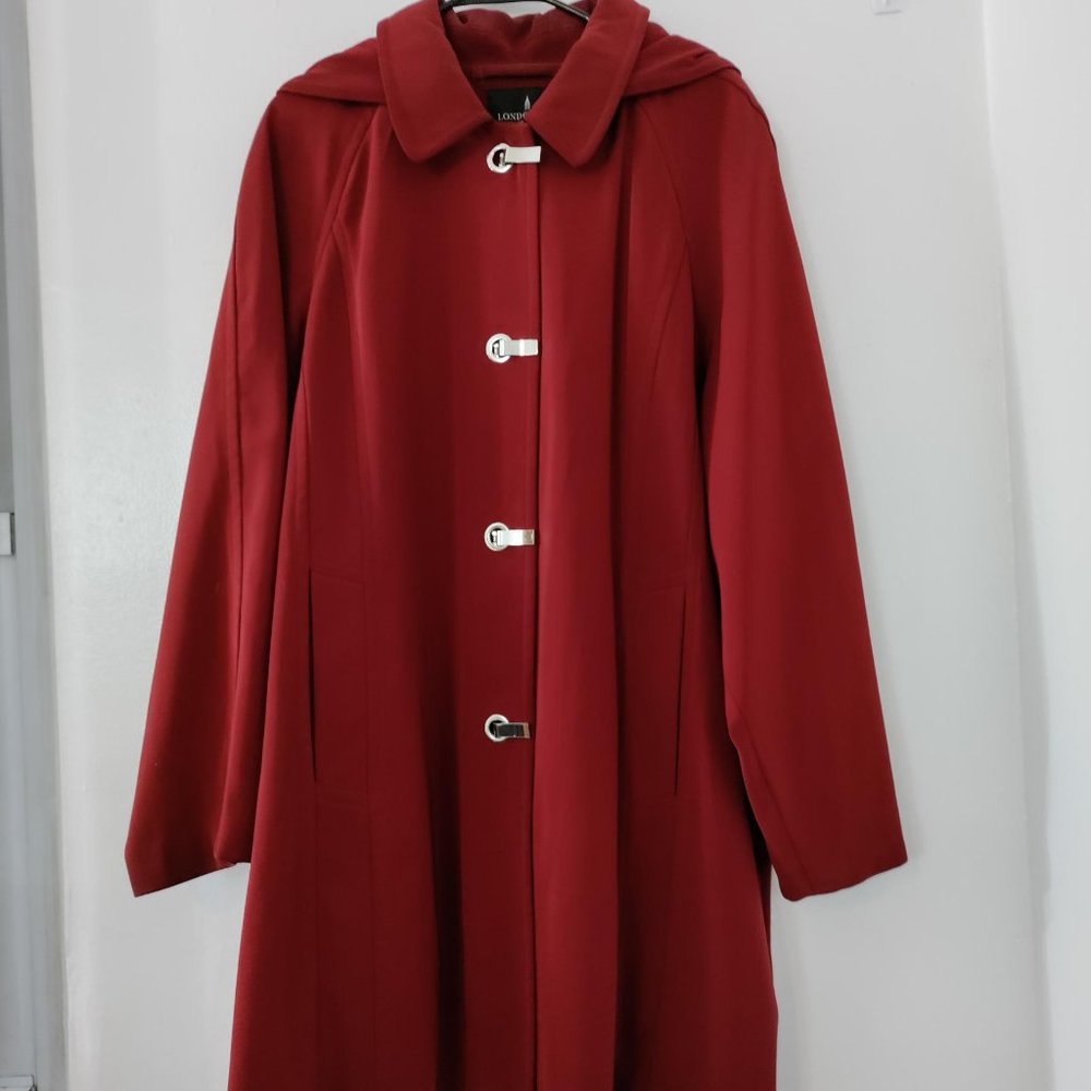REVISED- London Fog hooded red raincoat -- REVISED 1 TOGGLE BROKEN- Please note.